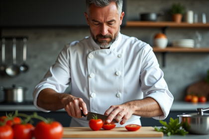 Chef en test de couteau en cuisine moderne