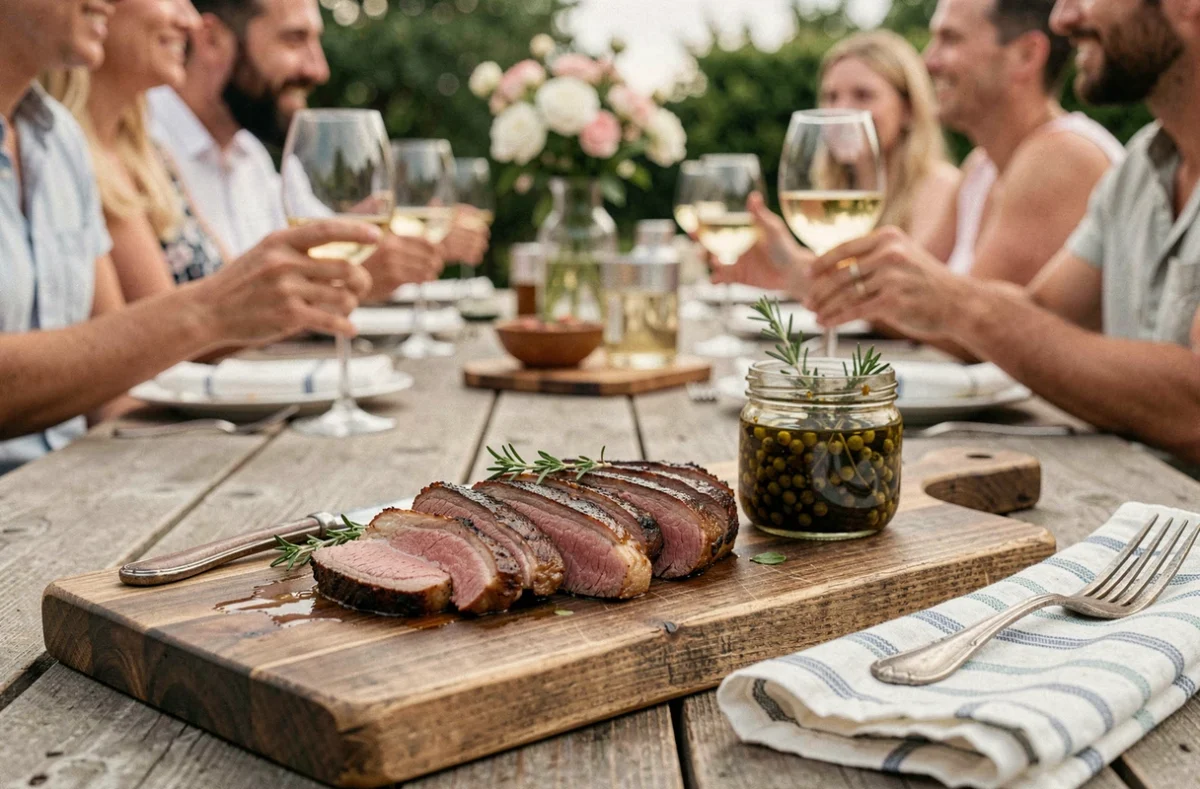 Assiette de chevreuil grillé à la plancha avec marinade en soirée estivale entre amis