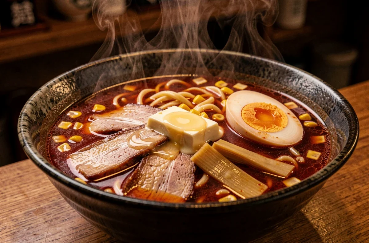 Ramen miso épicé avec porc braisé, beurre fondant et œuf mollet chez Chiba Ramen à Rouen