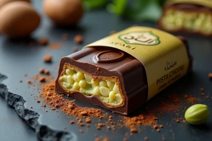 Chocolat Dubaï authentique coupé en deux révélant une garniture pistache et kataifi dorée, présenté avec son étiquette prix sur une ardoise grise