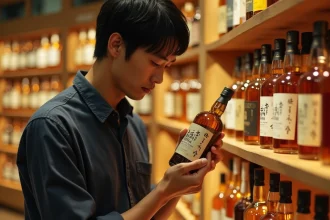 Homme examinant une bouteille de whisky japonais dans une cave à spiritueux spécialisée