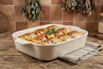 Plat de choux farcis gratinés au four dans un plat en céramique rustique, avec sauce tomate aux herbes et persil frais