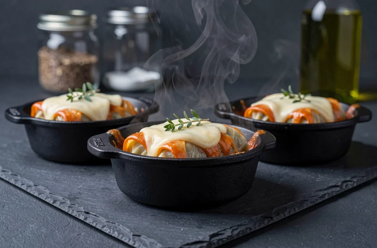 Choux farcis individuels en petites cocottes en fonte sur ardoise noire avec fromage fondu et thym frais
