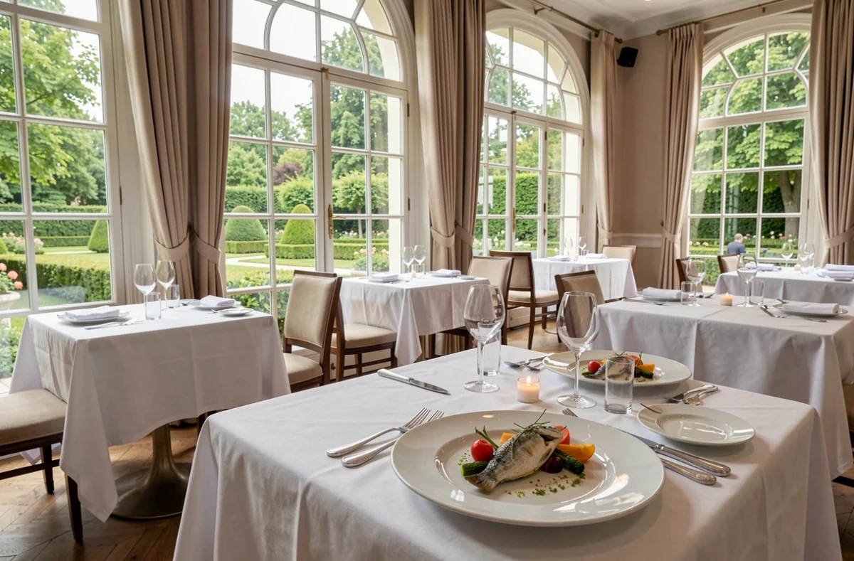 Salle de restaurant gastronomique du Clos du Cèdre à Beaune avec vue sur jardin et table dressée avec soin
