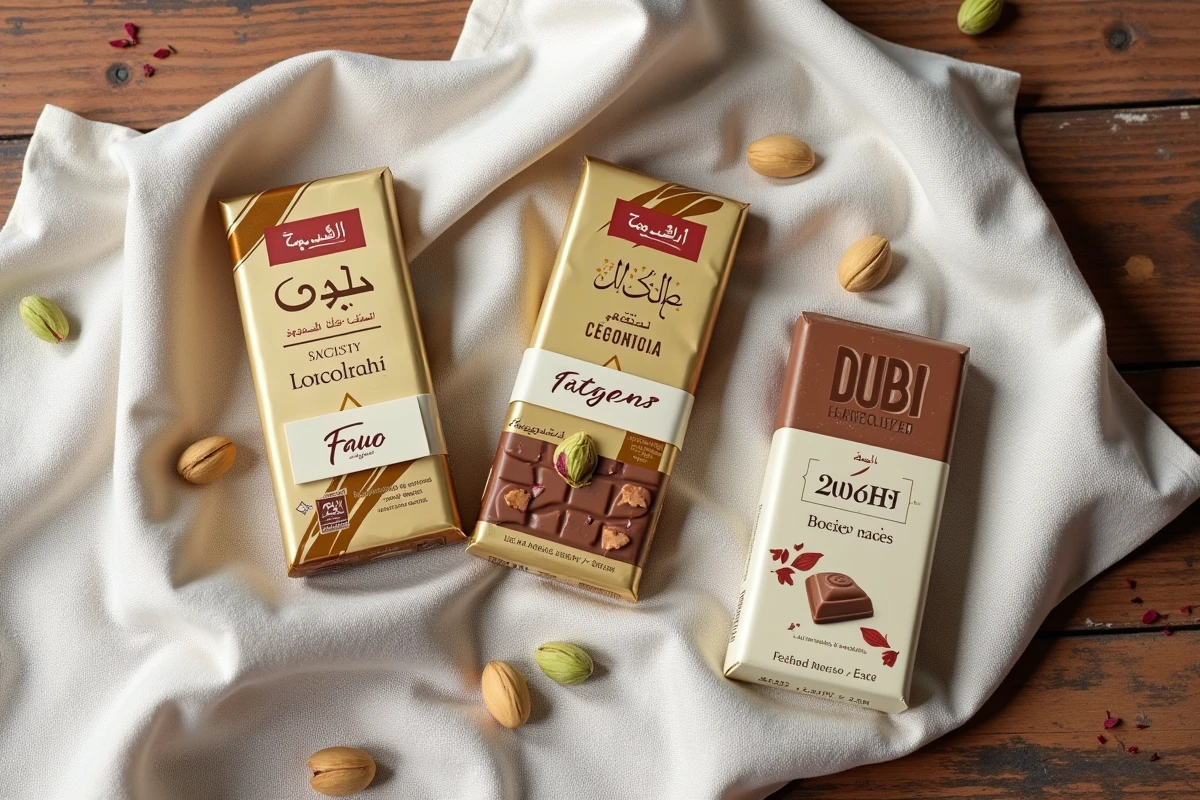 Comparaison de trois chocolats Dubaï à différents prix en vue du dessus, distinguant l'original artisanal de l'imitation générique