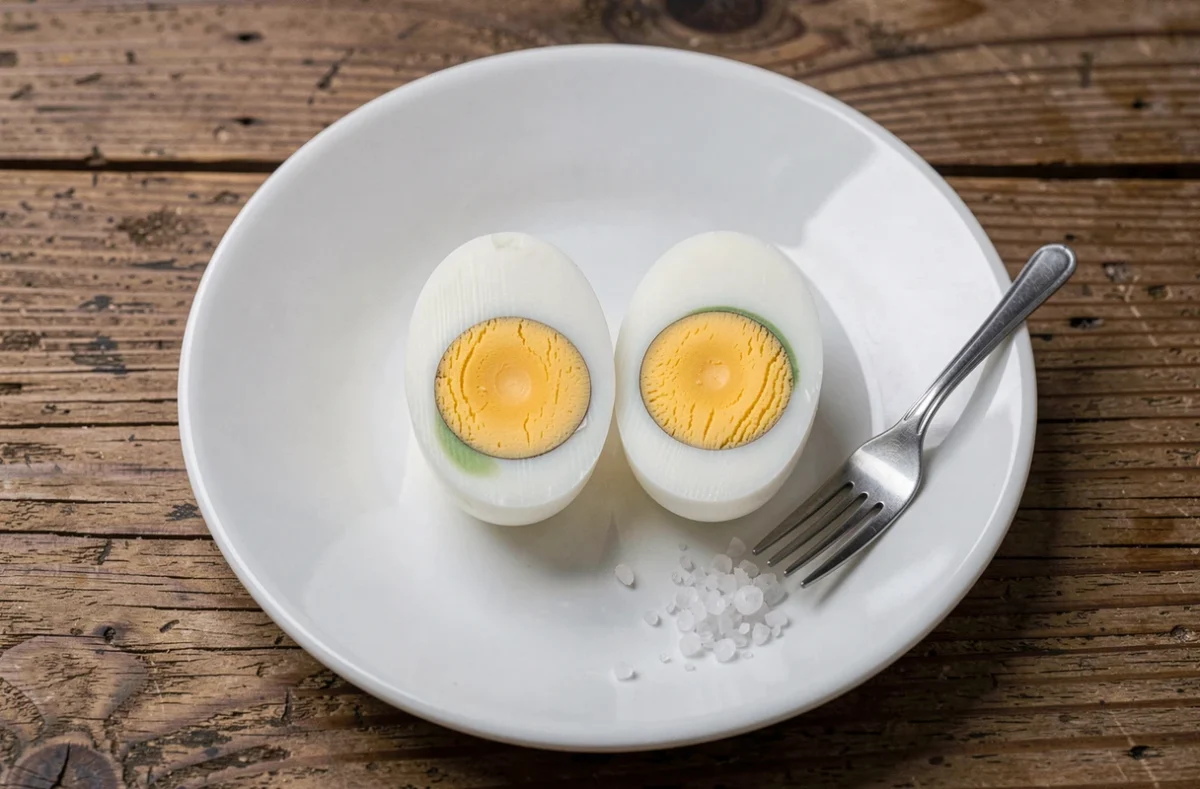 Gros plan de deux œufs durs coupés en deux sur une assiette blanche montrant la différence de cuisson entre un jaune parfait et un jaune trop cuit avec cerne verdâtre