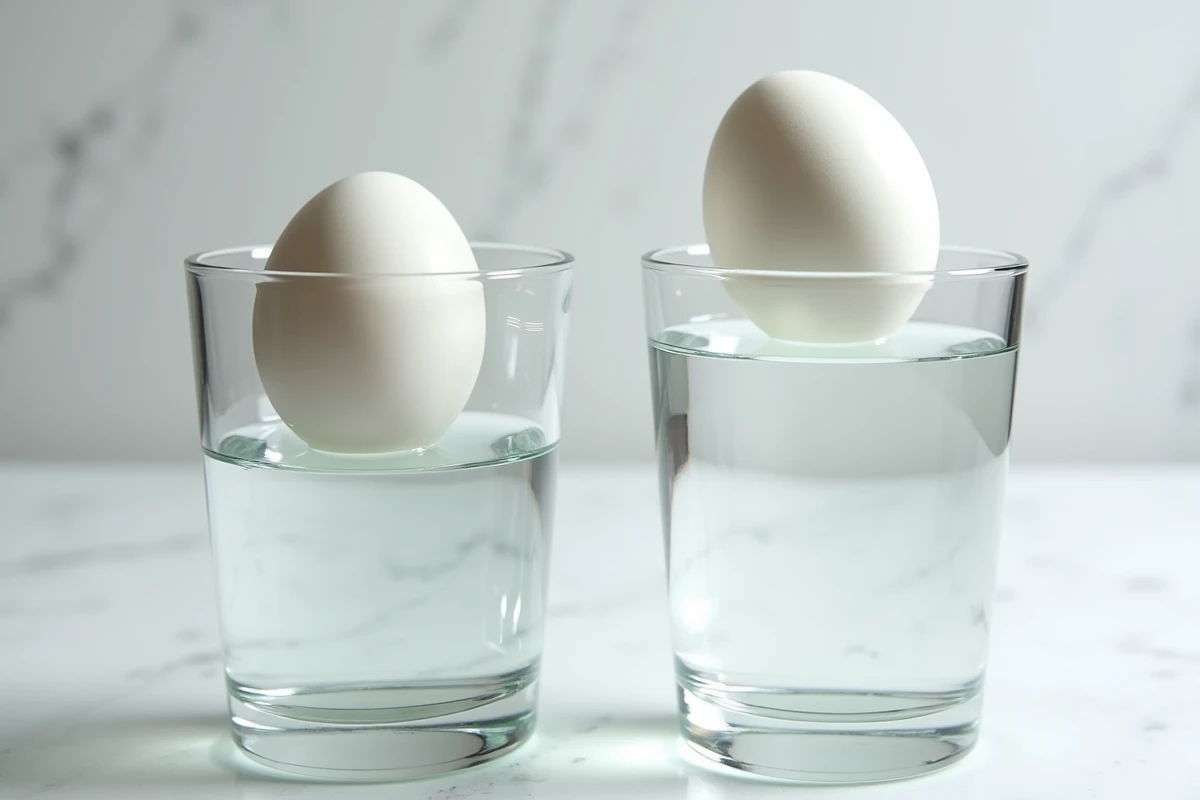 Comparaison côte à côte d'un œuf frais et d'un œuf vieux dans deux verres d'eau transparents sur marbre blanc