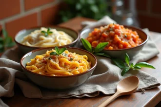 Trois bols de pâtes avec des sauces différentes comparant carbonara crémeuse, alfredo et sauce tomate légère sur un comptoir rustique