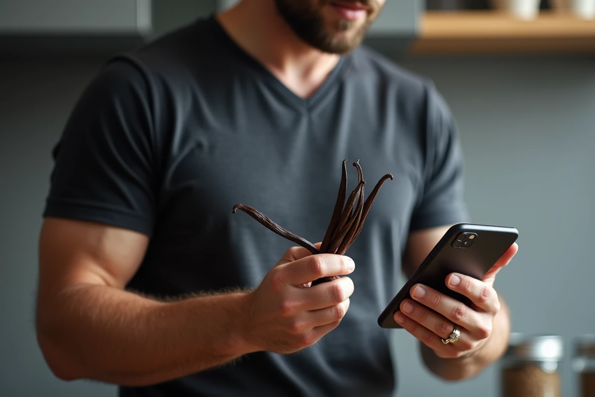 Homme comparant les prix au kilo de gousses de vanille entre vendeurs en ligne depuis sa cuisine