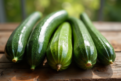 Concombres et zucchinis frais sur une table rustique