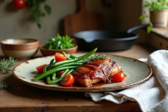 Assiette rustique de confit de canard accompagné d'une salade légère de haricots verts et tomates cerises sur une table en chêne dans une cuisine de campagne française