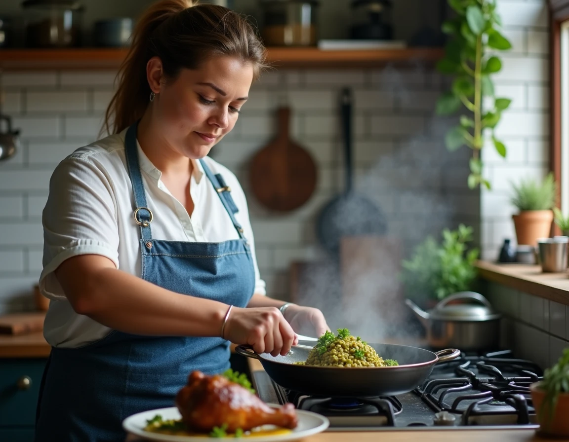 Femme cuisinant des lentilles vertes pour accompagner un confit de canard dans une cuisine de ville