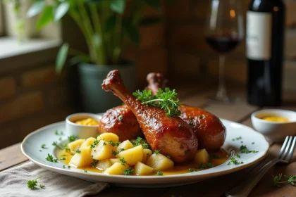 Assiette rustique de confit de canard accompagné de pommes de terre sautées à l'ail et au persil sur une table en chêne