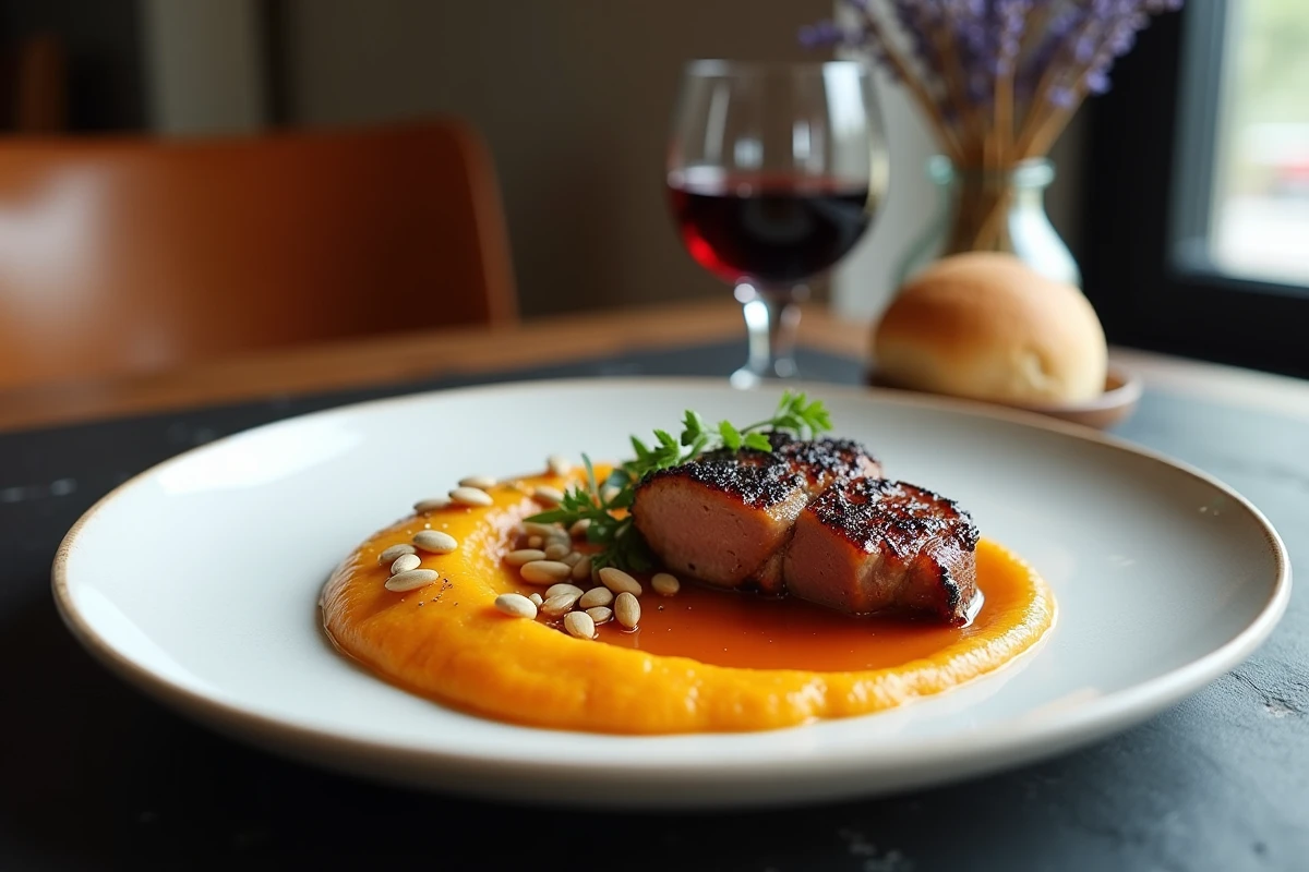 Confit de canard servi avec une purée légère de courge butternut et carottes garnie de graines de courge dans un bistrot contemporain
