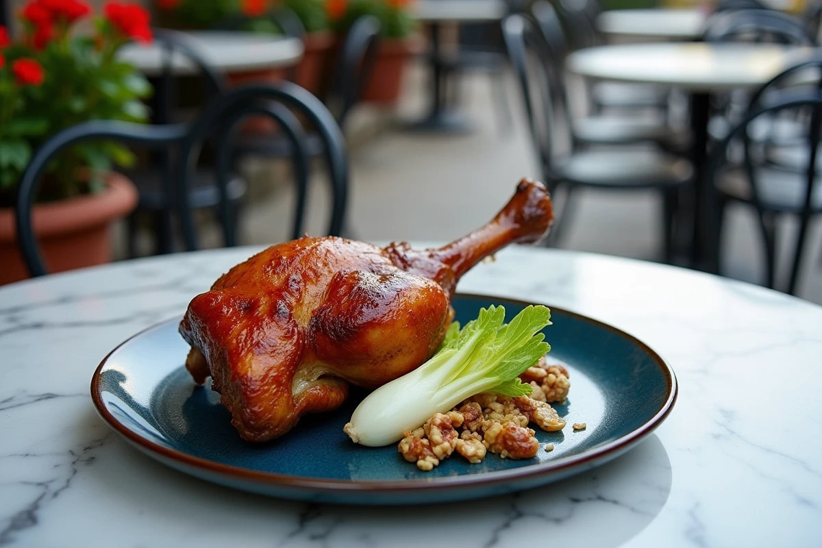 Cuisse de confit de canard dorée accompagnée d'une salade d'endives et noix en vinaigrette légère servie en terrasse d'un café parisien