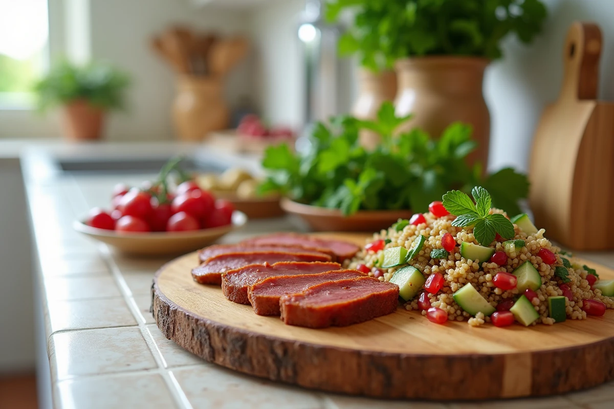 Planche de service en bois avec confit de canard et taboulé au quinoa, concombre, menthe et graines de grenade dans une cuisine provençale