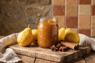 Pot de confiture de coings aux épices douces avec cannelle et anis étoilé sur planche en bois rustique