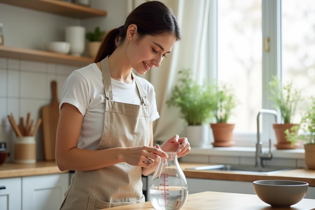 Femme versant de l'eau dans un verre doseur gradu&eacute; au niveau 12,5 cl dans une cuisine de style scandinave
