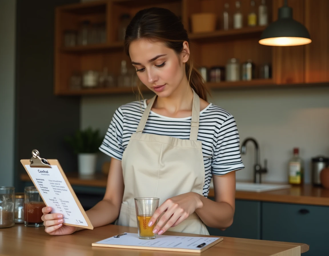Jeune femme consultant un tableau de conversion centilitres en grammes tout en préparant un cocktail à domicile avec des outils de mesure précis