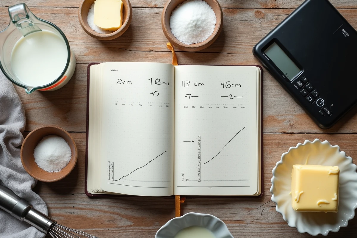 Vue aérienne d'outils de pâtisserie avec tableau de conversion grammes centilitres sur une table en bois