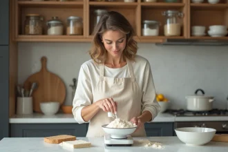 Femme mesurant de la farine sur une balance de cuisine numérique pour une recette de pâtisserie maison