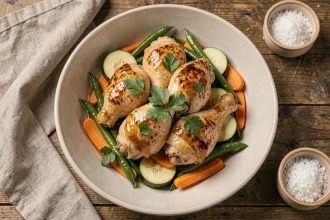 Cuisse de poulet dorée avec légumes de saison servis dans un bol en céramique rustique, vue du dessus