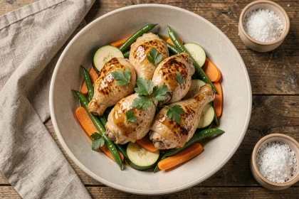 Cuisse de poulet dorée avec légumes de saison servis dans un bol en céramique rustique, vue du dessus