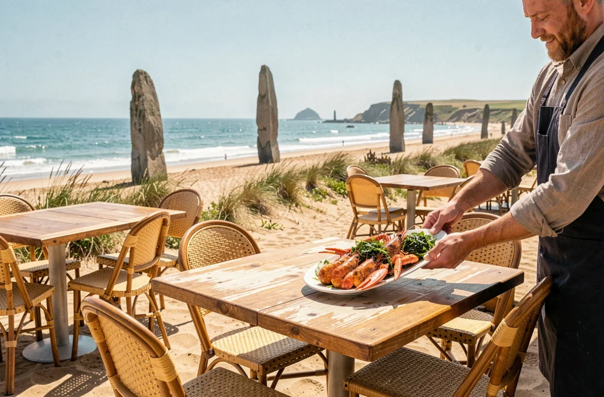 Terrasse de La Corniche à Brignogan-Plages avec platter de langoustines et vue sur la plage sauvage et les menhirs