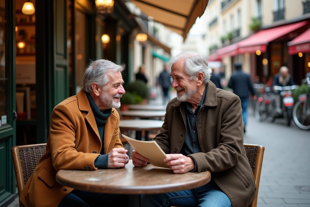Couple assis à une table de restaurant parisien en discutant
