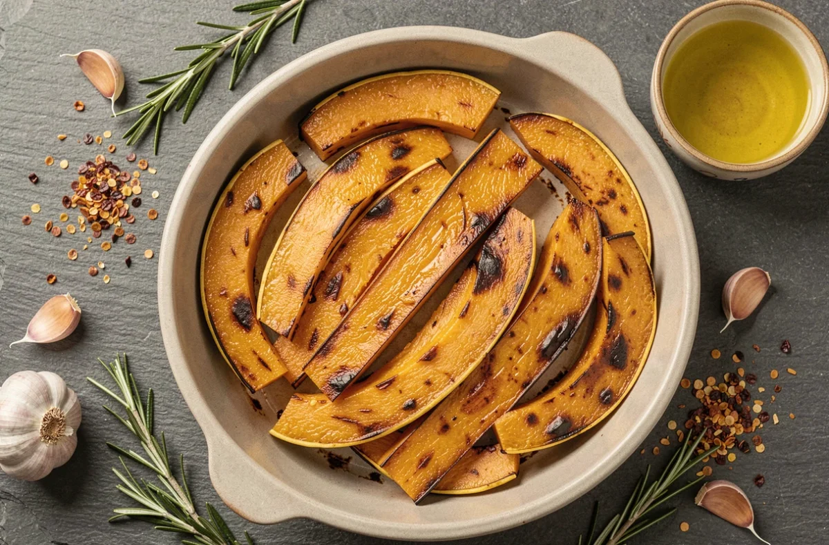 Vue de dessus de tranches de courge bleu de Hongrie rôties avec ail, romarin et piment, illustrant les techniques pour rehausser le goût de la recette