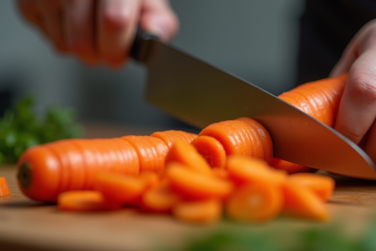 Main du chef coupant une carotte en V avec un couteau