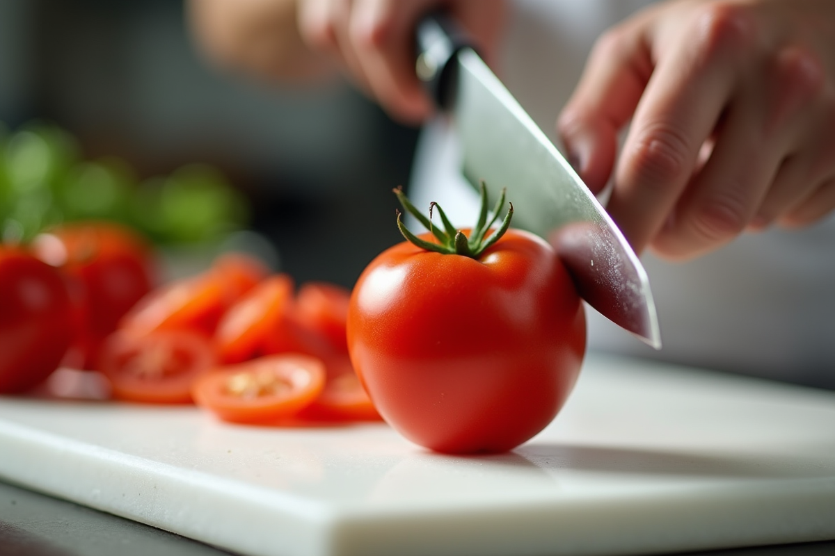 Couteau tranchant coupant une tomate rouge sur une planche blanche