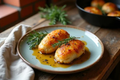 Cr&eacute;pinettes de porc dor&eacute;es garnies de thym frais et sauce au vin blanc sur une table en bois rustique