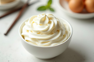 Crème vanille fouettée dans un bol sur une cuisine lumineuse