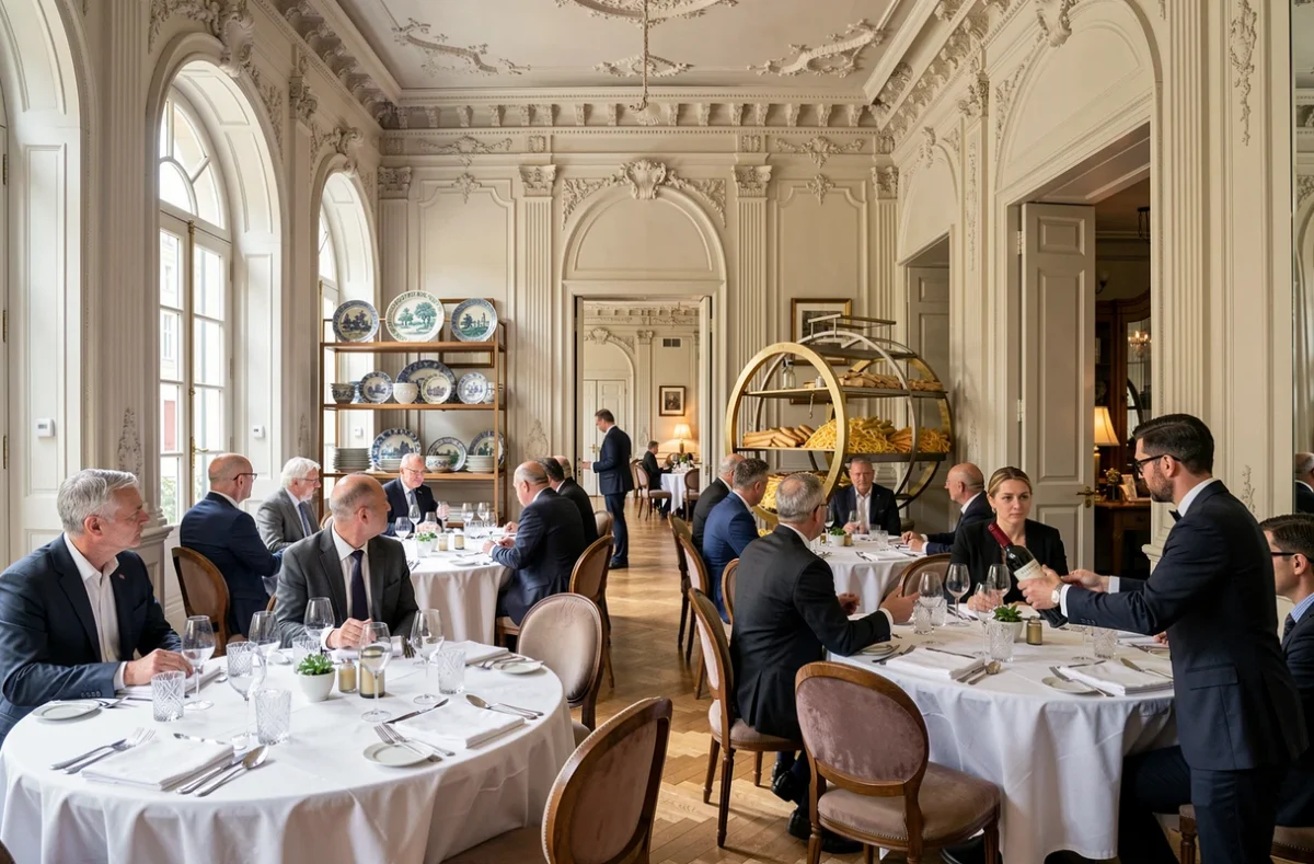 Grande salle raffinée de Cucina Mutualité dans le 5e arrondissement avec service de sommelier et décor italien élaboré