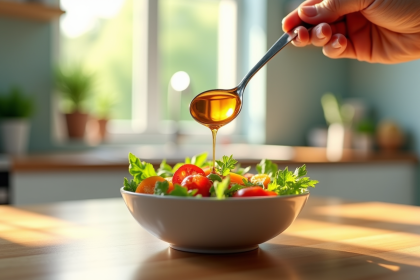 Cuillère de 10 ml au-dessus d'une salade fraîche sur une table en bois
