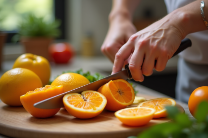 Cuisine avec un chef tranchant un fruit W frais