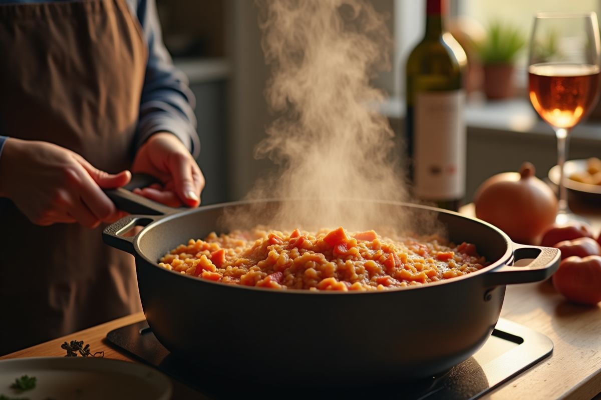 Personne utilisant un Cookeo pour préparer un risotto au chorizo