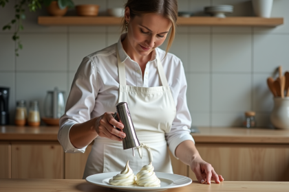 Femme en tablier utilisant un siphon en cuisine moderne