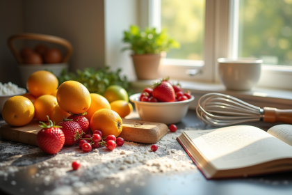 Plan de cuisine avec fruits et ingrédients de pâtisserie