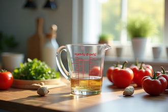 Plan de cuisine avec un verre doseur de 60 ml sous lumière naturelle