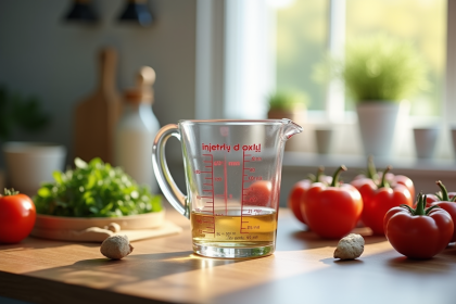 Plan de cuisine avec un verre doseur de 60 ml sous lumière naturelle