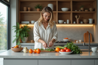 Femme en cuisine moderne minimaliste en pleine préparation