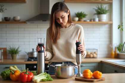 Femme préparant une soupe dans une cuisine moderne