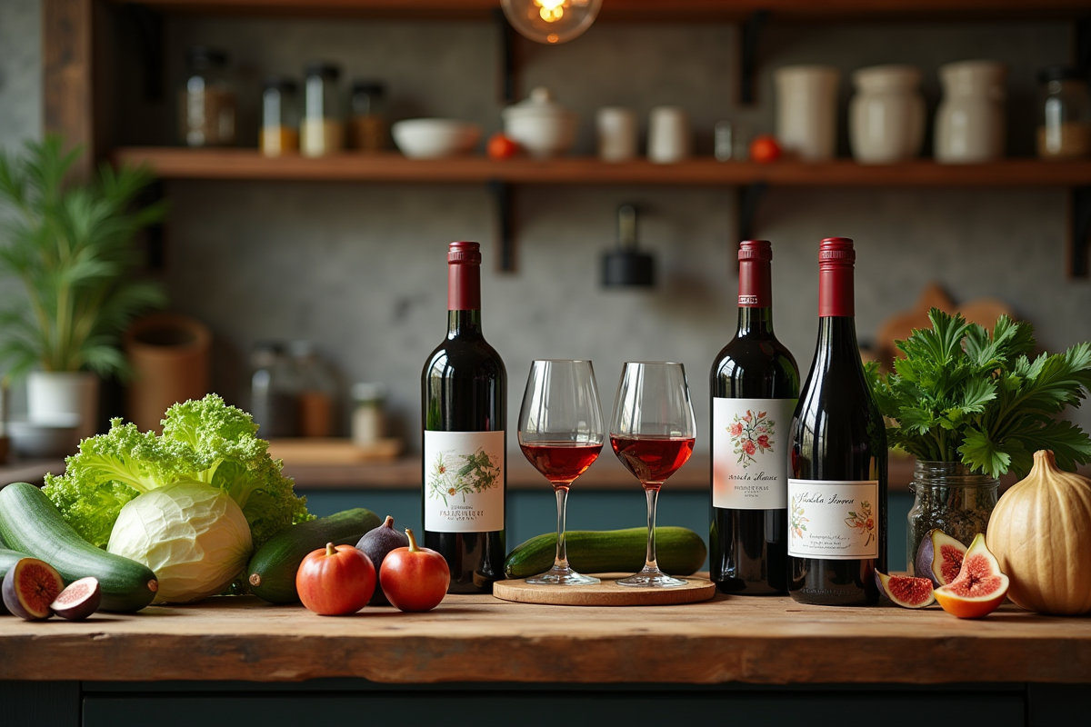 Plan de la cuisine en bois avec vins et légumes frais