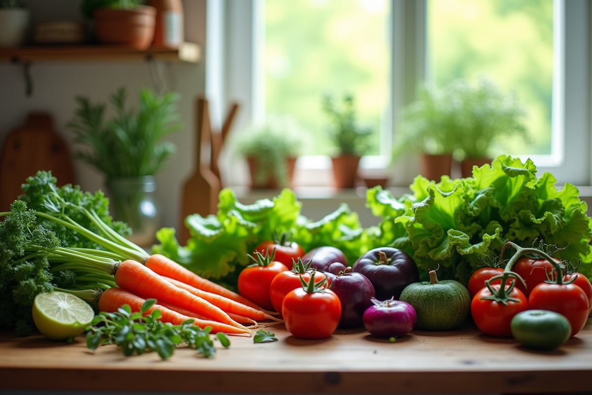 Plan de cuisine avec légumes verts et violets colorés