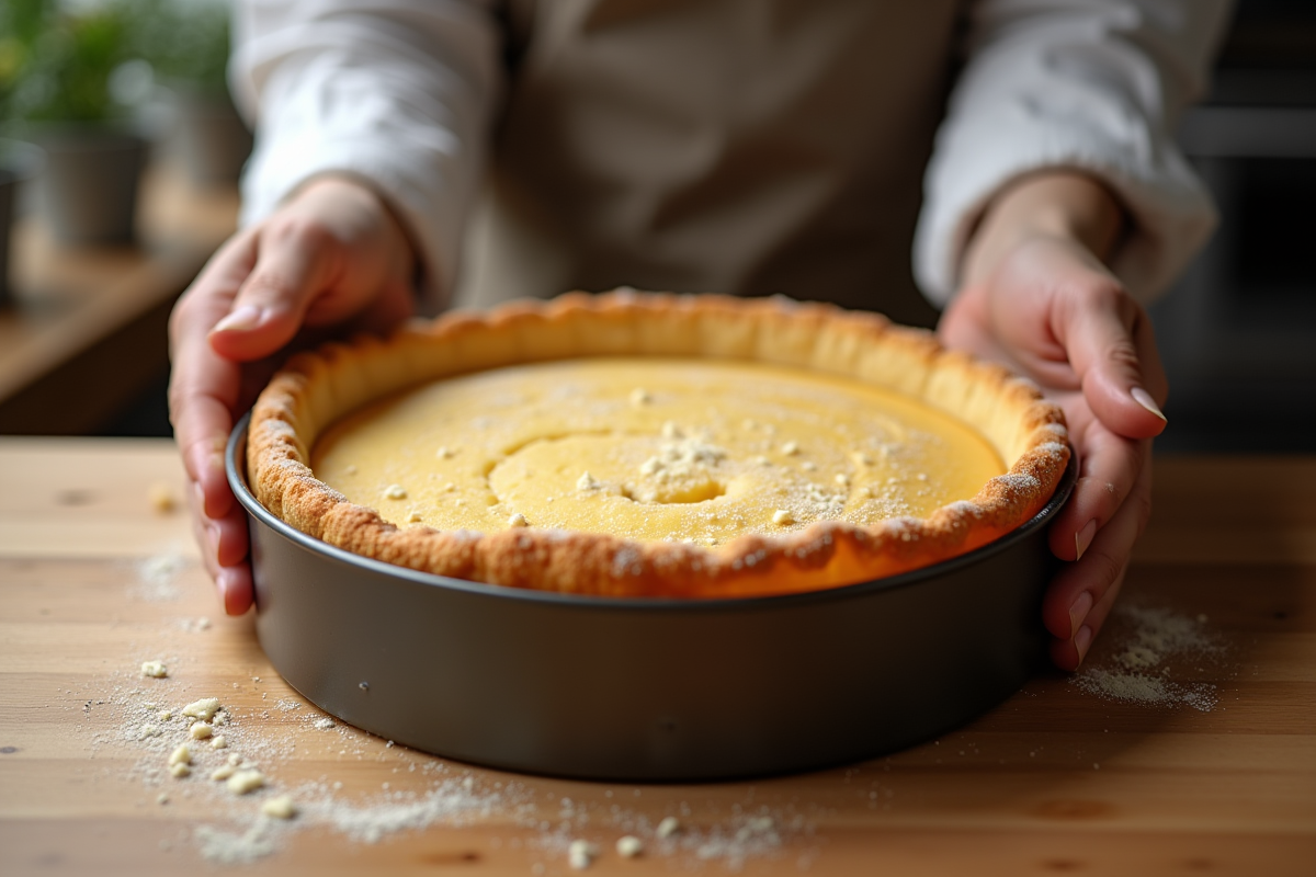 Les mains d'un chef pressant une croûte de biscuit dorée dans un moule à gâteau
