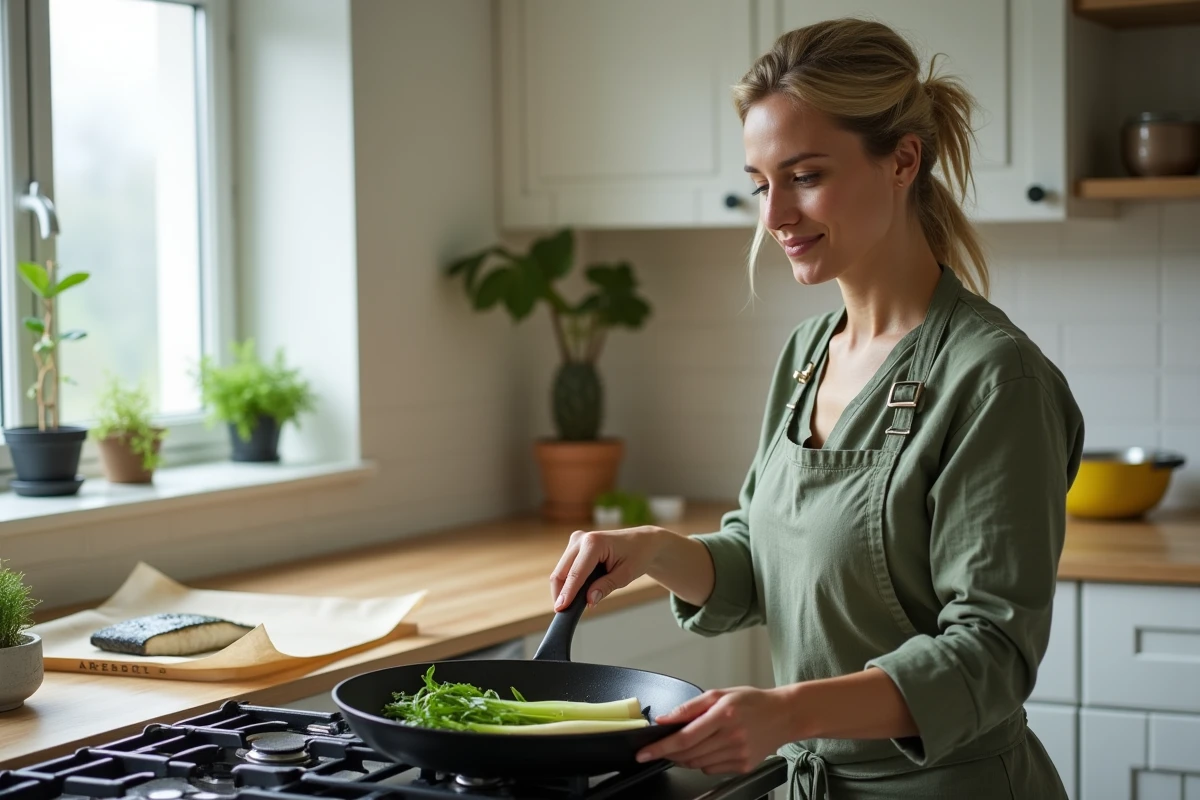 Femme cuisinant une fondue de poireaux dans une cuisine scandinave moderne pour accompagner du poisson