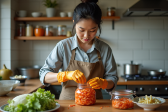Femme coréenne préparant du kimchi dans sa cuisine