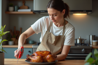 Femme en tablier utilisant un thermometre pour viande en cuisine